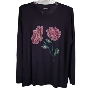 NWT Joei & I Navy Blue Sequined Floral Sweatshirt‎ Women's Plus 2X